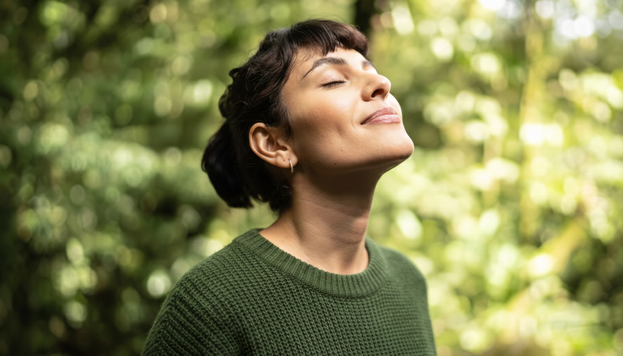 Person outdoors with closed eyes, symbolizing mindfulness, equine therapy near me, and holistic counselling for emotional well-being.